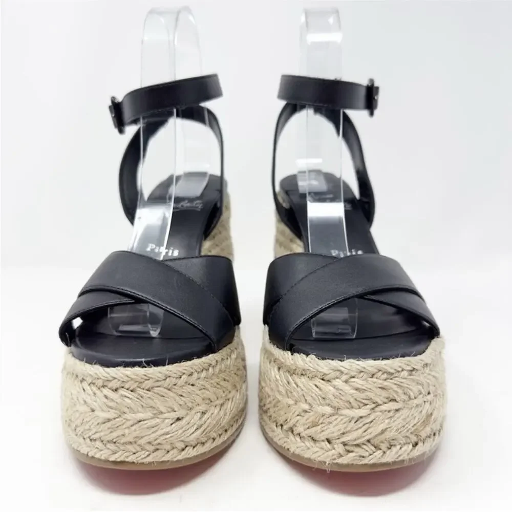 Christian Louboutin Mariza Zeppa Black Leather Wedge Sandals Womens Size EU 39